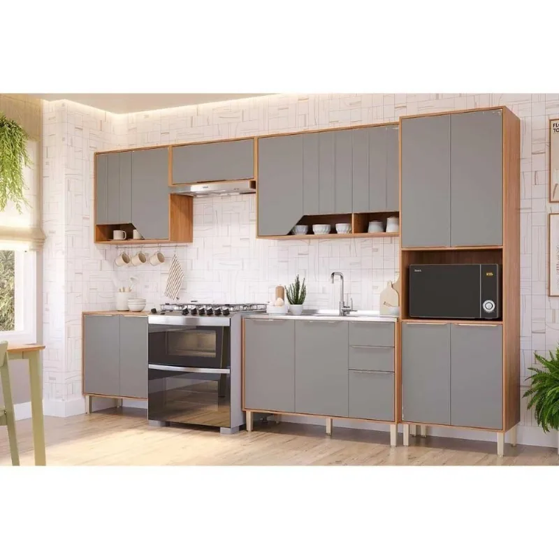Cozinha Modulada Celeste 13 Portas 2 Gavetas MDF 190CM Cinamomo e Platina MGM