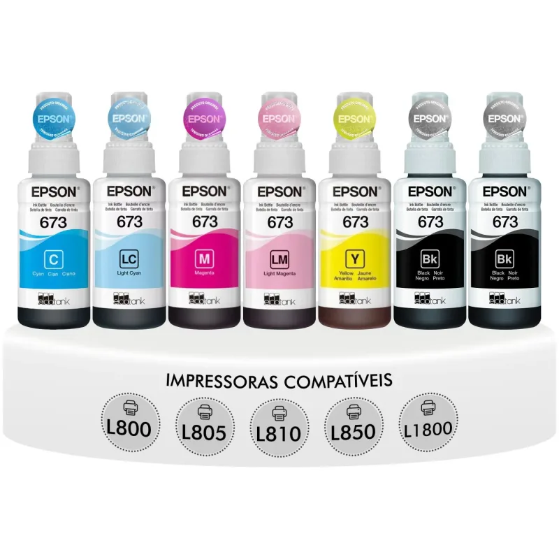 Kit Tinta Com 7 Refis Original Epson T673 Ecotank 6 Cores C+LC+M+LM+Y+K Compatível Impressoras L800 L805 L810 L850 L1800