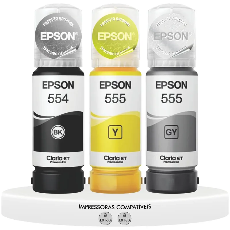 Kit 3 Tintas Originais Epson T554Preto T555Cinza T555Amarelo L8160 L8180