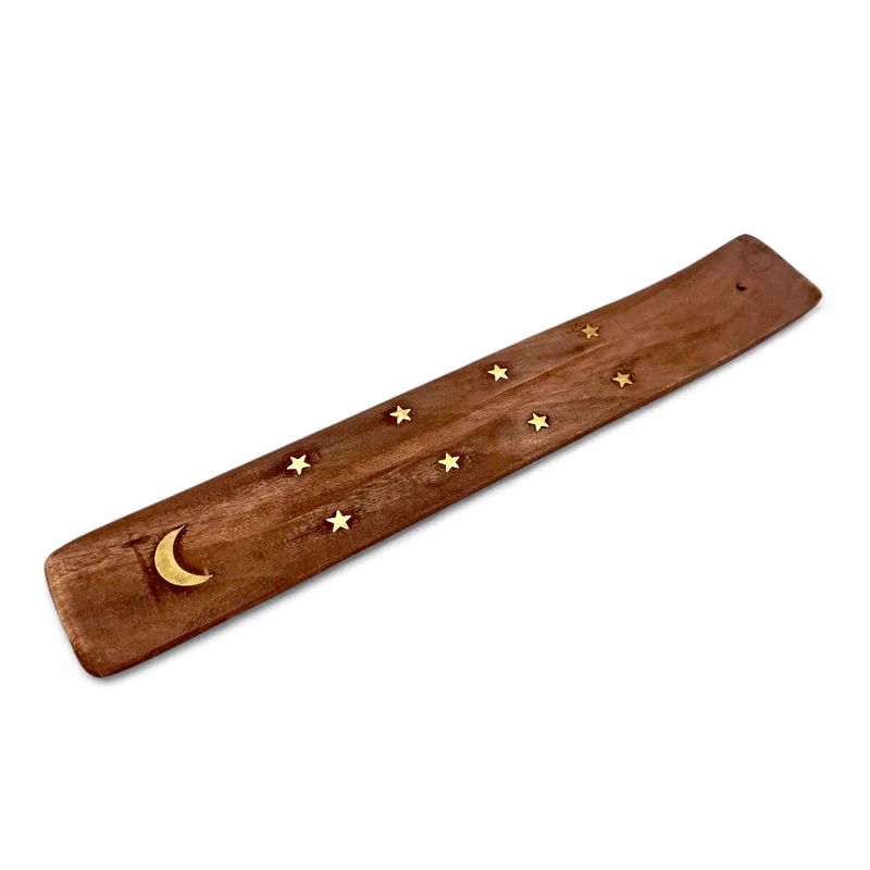 Incensário De Madeira Lua Estrelada Dourada 25 Cm