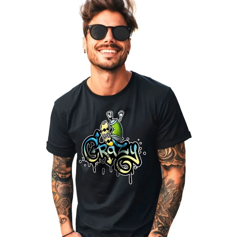 Camiseta Masculina Crazy 100% Algodão Gola U Preta