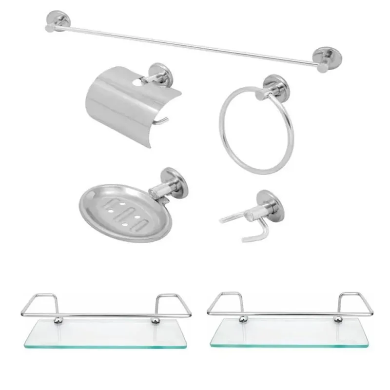Kit Acessórios Para Banheiro Inox 5pçs 2 Porta Shampoo Reto