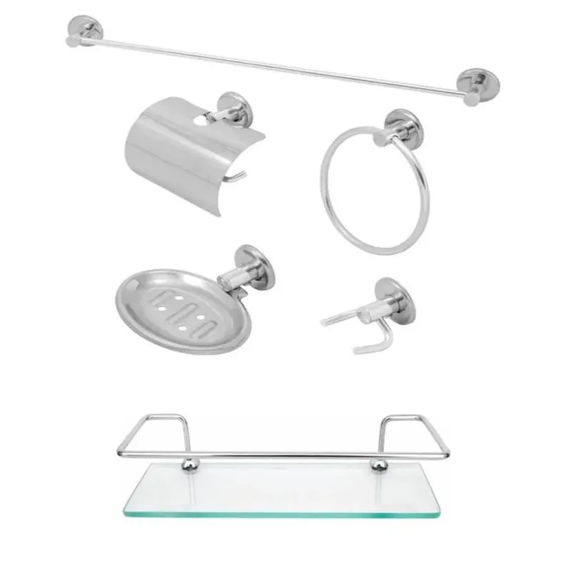 Kit Acessórios Para Banheiro Inox 5pçs + Porta Shampoo Reto