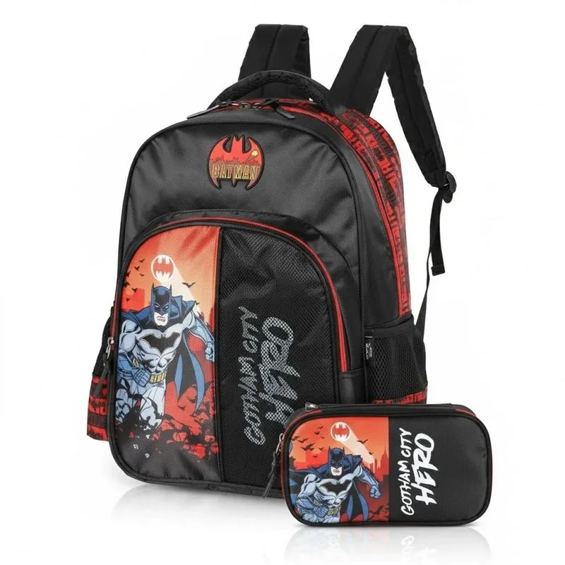 Kit Escolar Infantil Vermelho Batman Mochila Costas + Estojo Box