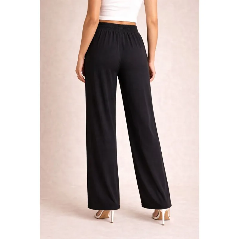 Calça Pantalona Feminina Em Linho Com Cós Elástico E Bolsos Laterais