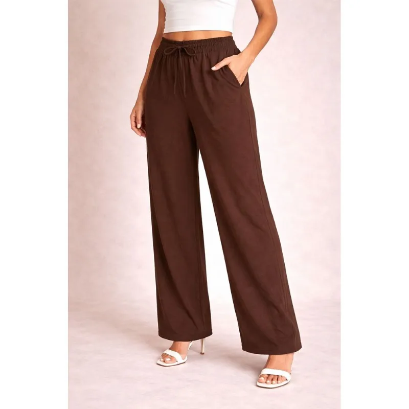 Calça Pantalona Feminina Em Linho Com Cós Elástico E Bolsos Laterais