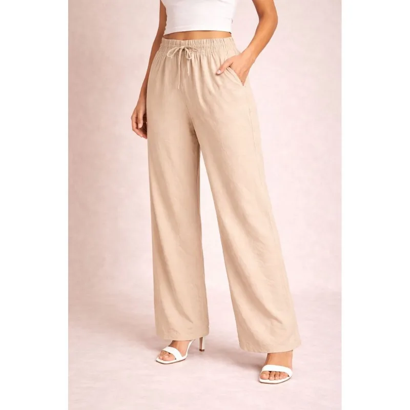 Calça Pantalona Feminina Em Linho Com Cós Elástico E Bolsos Laterais