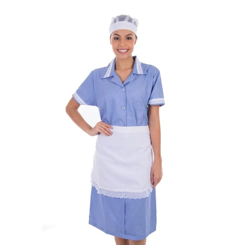 Vestido em Tecido Algodão Com Avental para Copeira, Arrumadeira, Doméstica