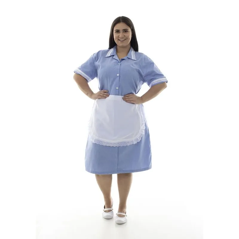Plus Size - Vestido em Tecido Algodão Com Avental para Copeira, Arrumadeira, Doméstica