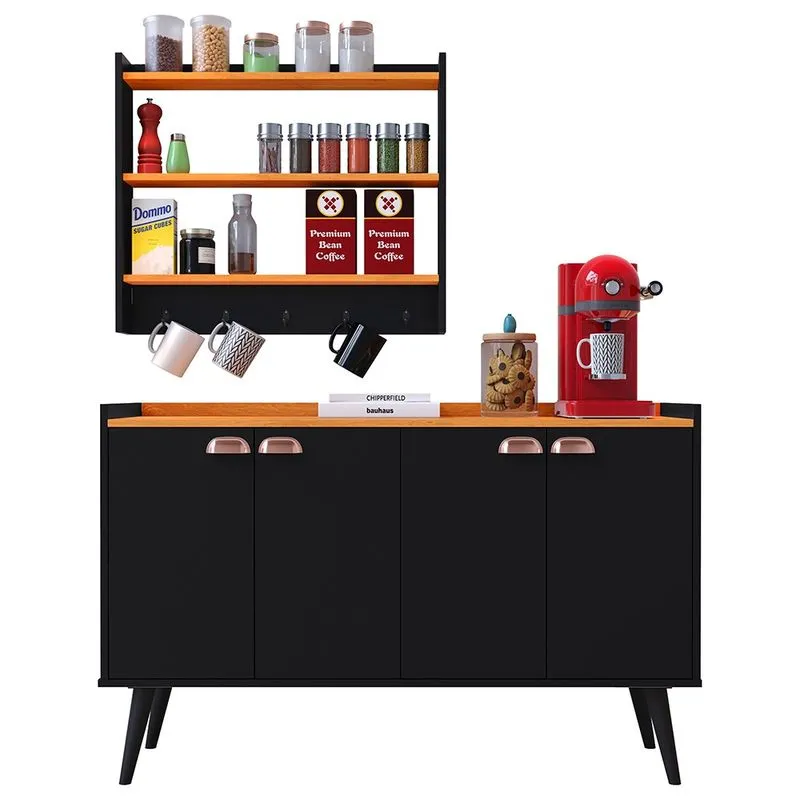 Kit Cozinha Sala Jantar Aparador Buffet Kiev Pés Palito Armário Parede Amélia Suspenso Prateleiras Organizadoras - Preto/Cinamomo - rpm Móveis