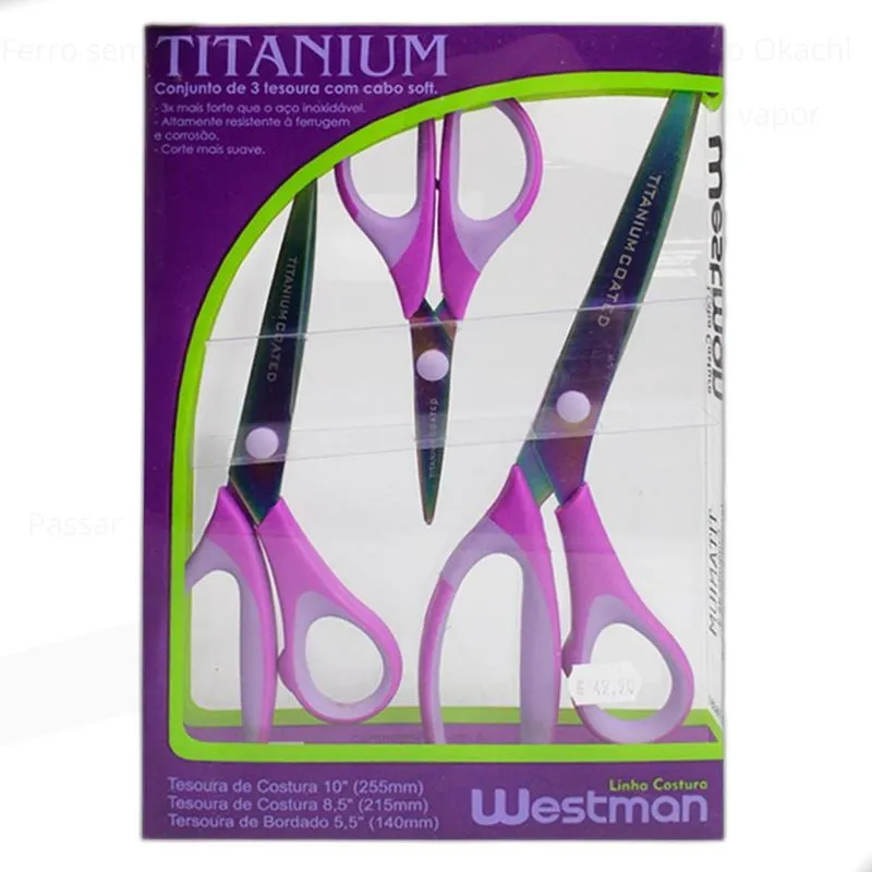 Tesouras Titânio Kit Com 3 Unid Artesanato Costura Patchwork