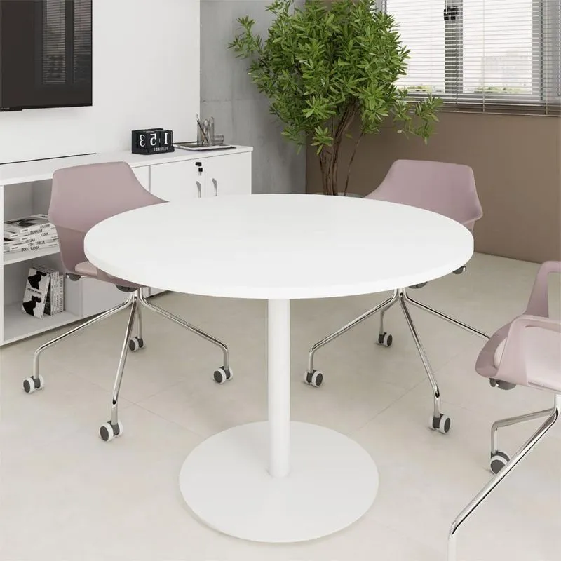 Mesa De Reunião Circular Mesa De Reunião Circular 110cm Pé Disco Metálico Mdp Branco F5 Office