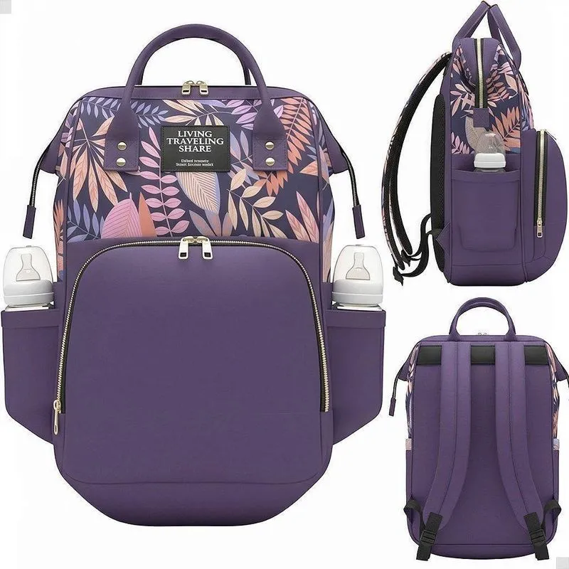 Mochila Maternidade Cor Roxo Floral Grande Mamãe Bebê