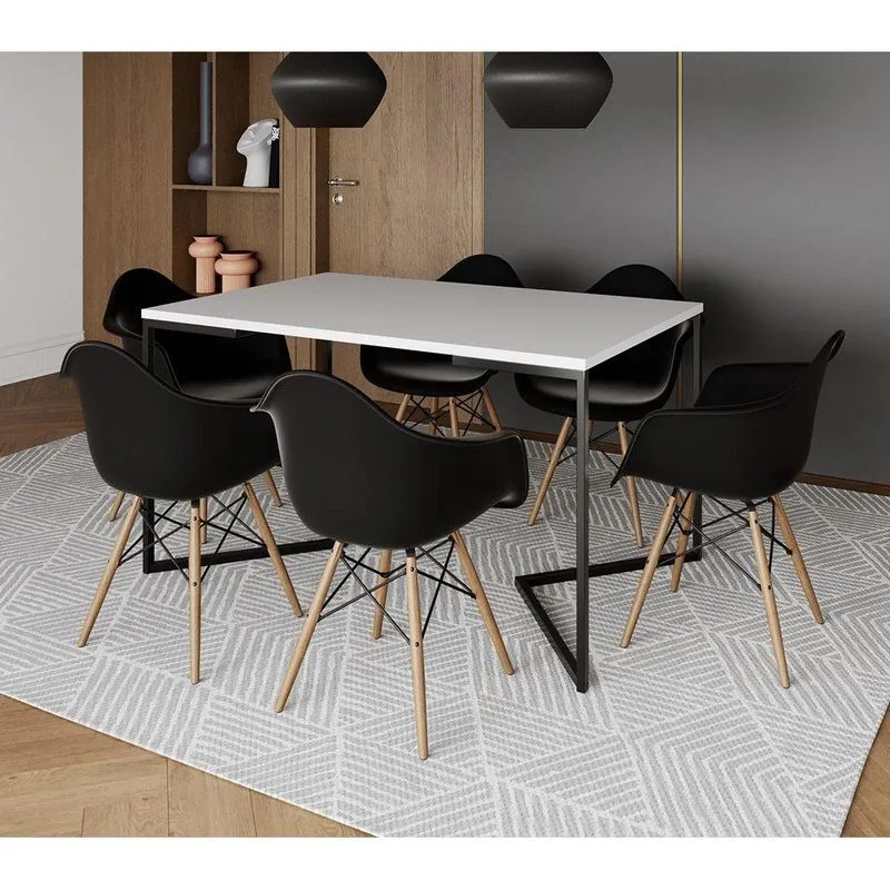 Mesa Jantar Industrial Branca Retangular 137x90cm Base V Ferro Preto Com 6 Poltronas Pr Marrom