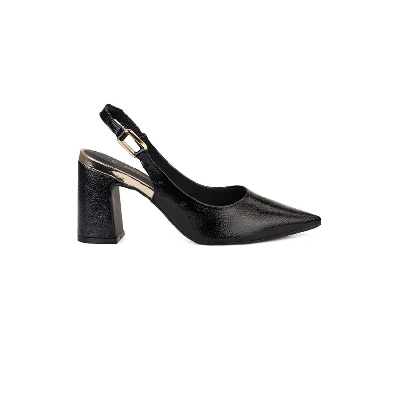 Scarpin Clássico Slingback Tira Com Enfeite Salto Bloco Bebecê Preto 38