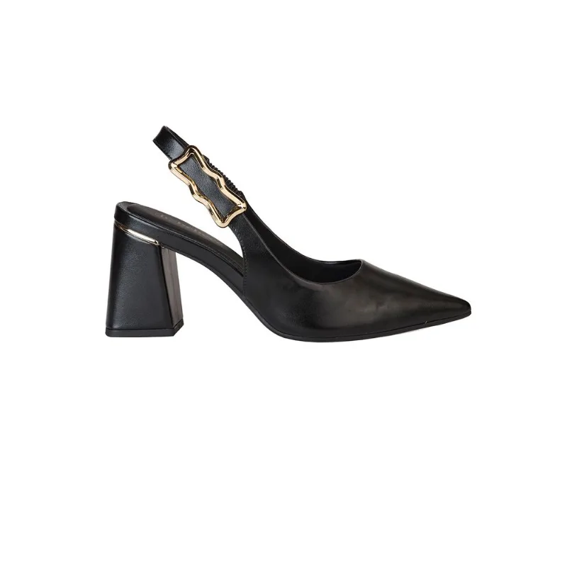 Scarpin Slingback Enfeite Assimétrico Salto Bloco Preto 36
