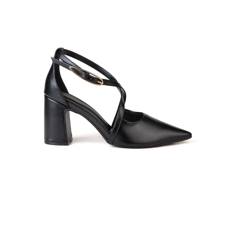 Scarpin Semi Aberto Tira Cruzada Salto Bloco Preto 40