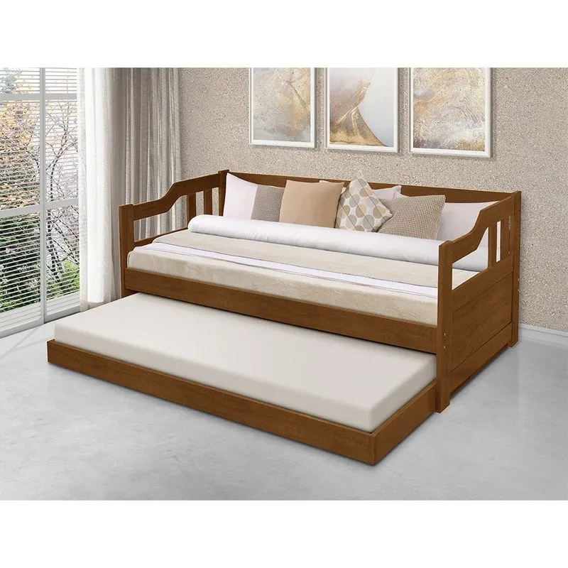 Sofá Cama Solteiro com Cama Auxiliar + 2 Colchões Atraente - Castanho