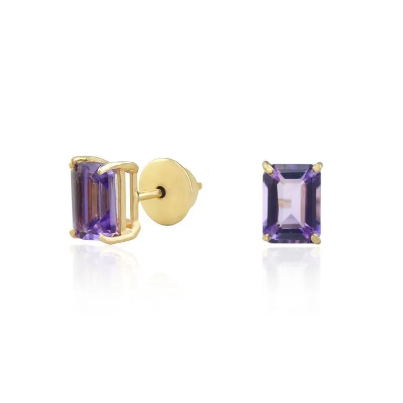 Brinco Ametista Retangular 7 Mm Em Ouro 18K