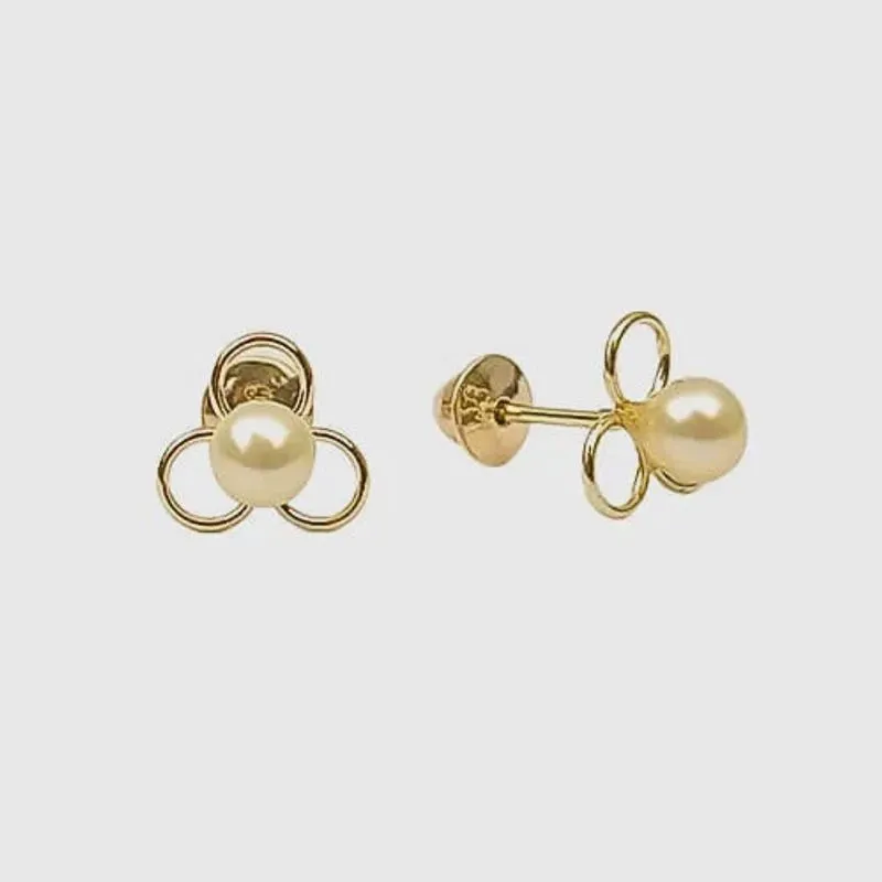 Brinco Pérola 3mm Flor Vazado Em Ouro 18K