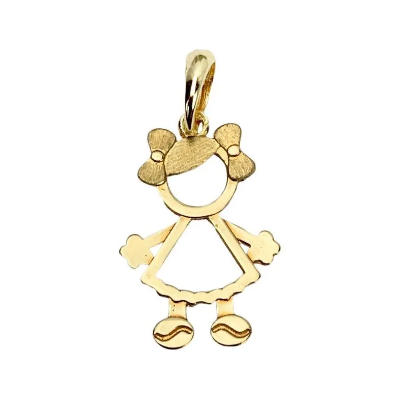 Pingente Menina Com Laço Vazado 2Cm Em Ouro 18K
