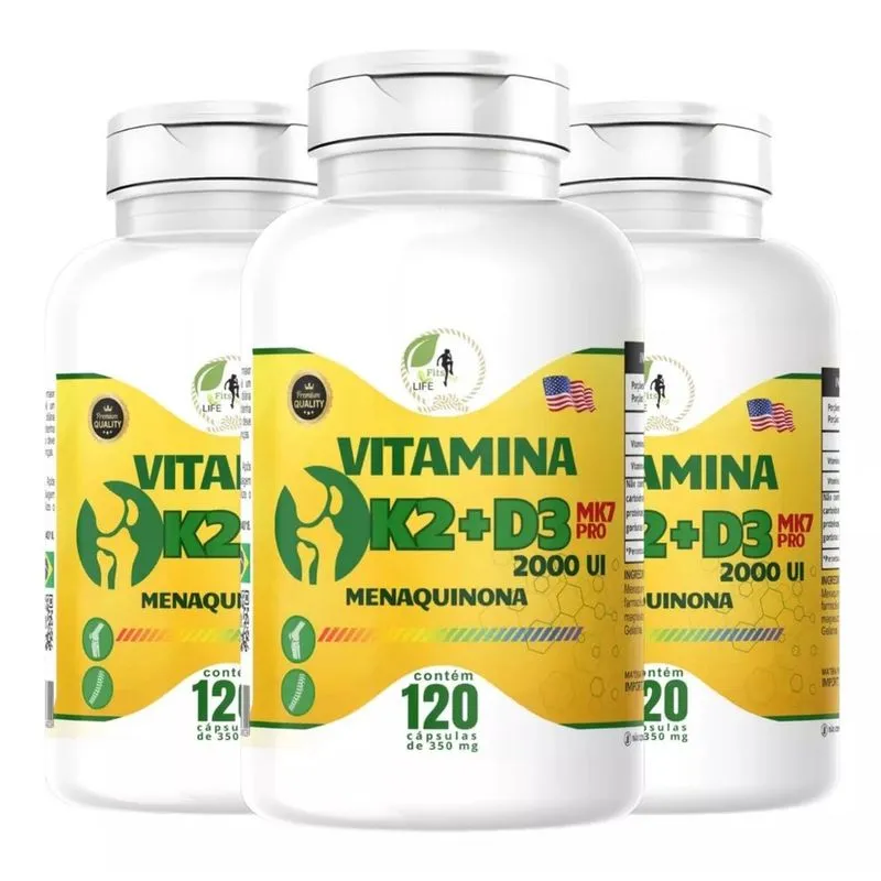 Kit c/ 3 Vitamina k2 + D3 Mk7 2.000 ui 360 Caps Fits Life