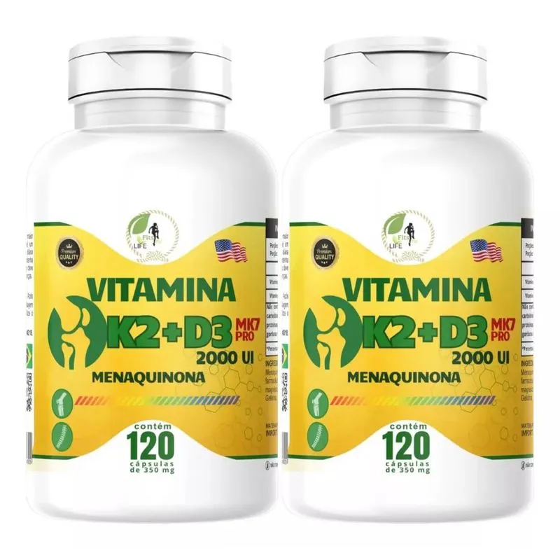 Kit c/ 2 Vitamina k2 + D3 Mk7 2.000 ui 240 Caps Fits Life