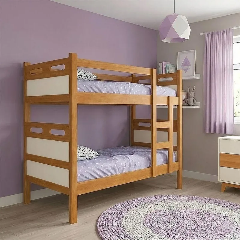 Cama Beliche Infantil Jaspe com Escada e Colchões D23 Amadeirado Nature