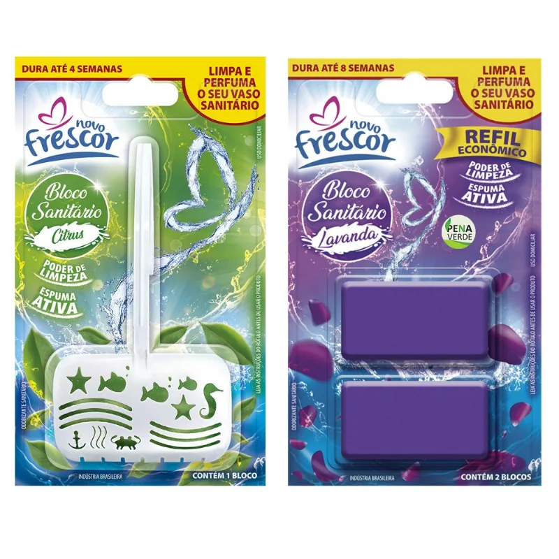 Pastilha Bloco Sanitário 30g Com Suporte + Refil Detergente Com 2 Blocos Reposição Novo Frescor