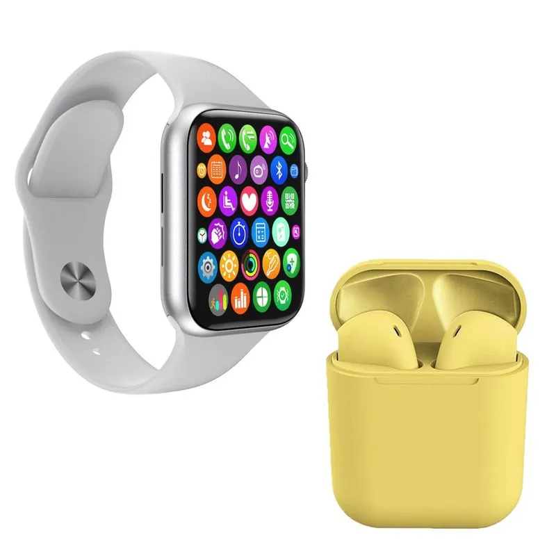 Kit 1 Relógio Inteligente SmartWatch W34 S Branco Troca Pulseira + 1 Fone Bt inPods i12 Amarelo