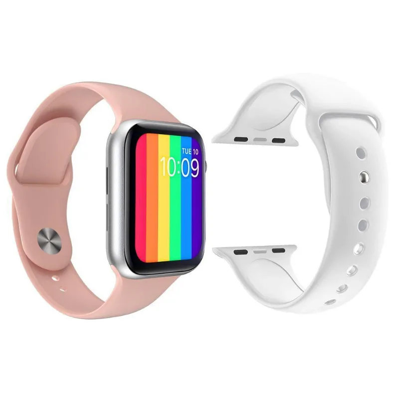 Kit 1 Smartwatch Rosa + 1 Pulseira Silicone Branco