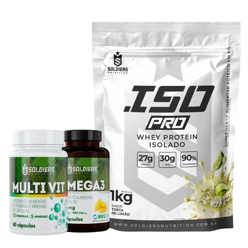 Kit: Whey Protein Isolado Iso Pro 1kg + Ômega 3 - 60 Caps + Multivitamínico 60 Caps - Soldiers Nutrition Torta De Limão