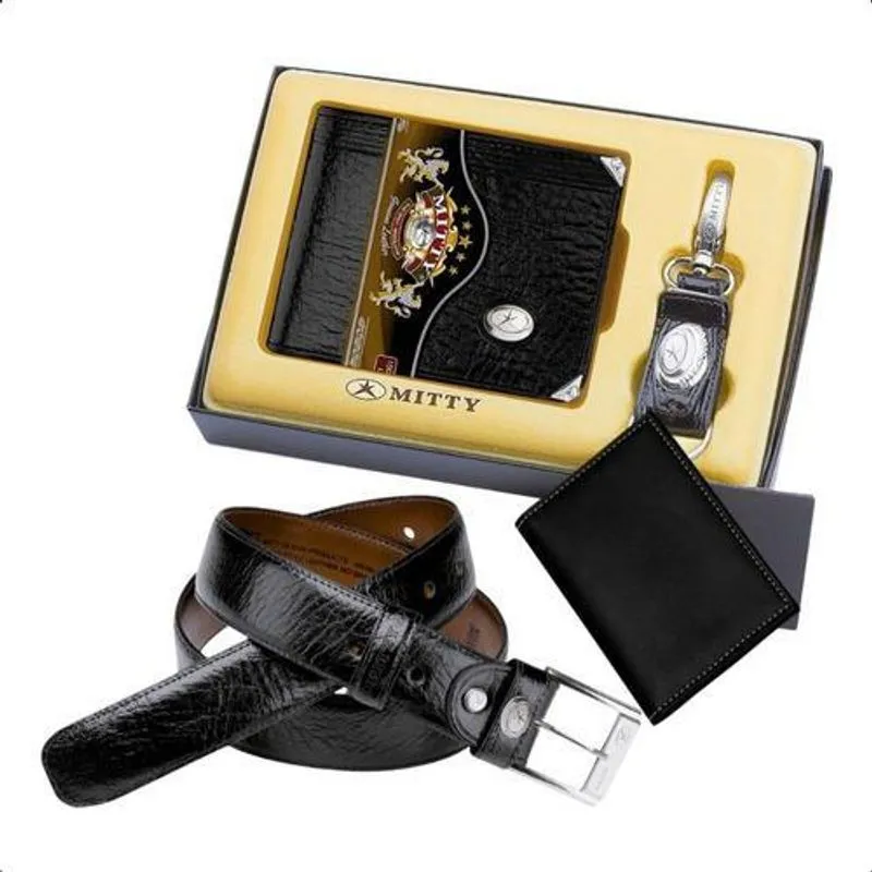Kit Carteira M1ch + Chaveiro + Cinto Mitty Em Couro +