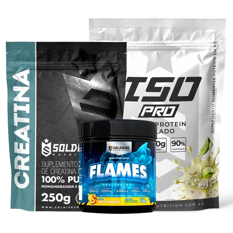 Kit: Whey Protein Isolado ISO PRO 1kg + Creatina Monohidratada 250g + Pré-Treino Flames - Soldiers Nutrition