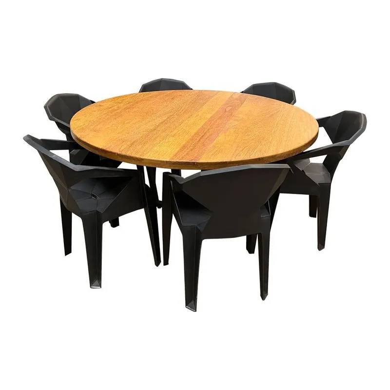 Mesa De Jantar 1,50 Industrial Redonda Com 6 Cadeiras New Alegra Pretas Marrom
