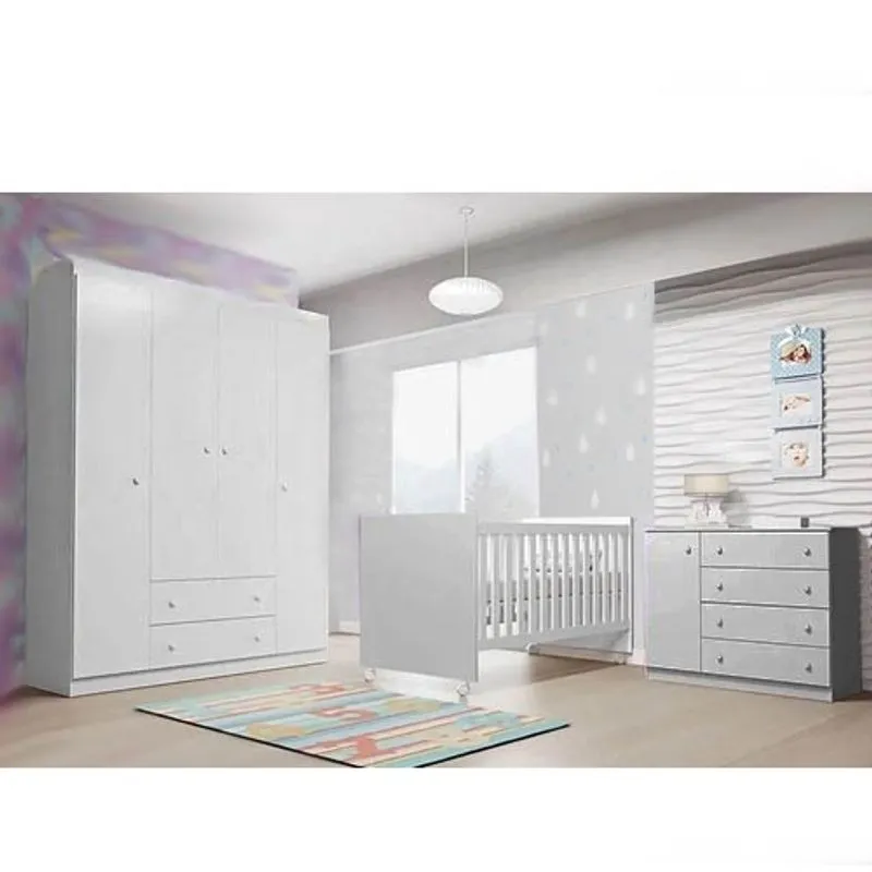 Jogo de Quarto Completo Helena com Guarda Roupa 4 Portas, Cômoda 1 Porta e Berço Multifuncional Branco - Phoenix Baby