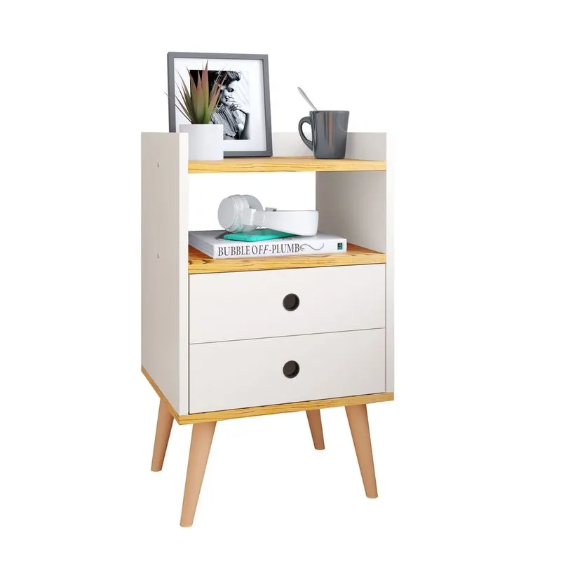 Mesinha de Cabeceira Canto Quarto Mesa Auxiliar 2 Gavetas Nicho Aparador Objetos Apoio Lateral Cama Dream - Off White/Nature - RPM