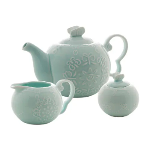 Conjunto em Porcelana para Chá Butterfly Azul - 3 Peças - 13x21x12,5cm
