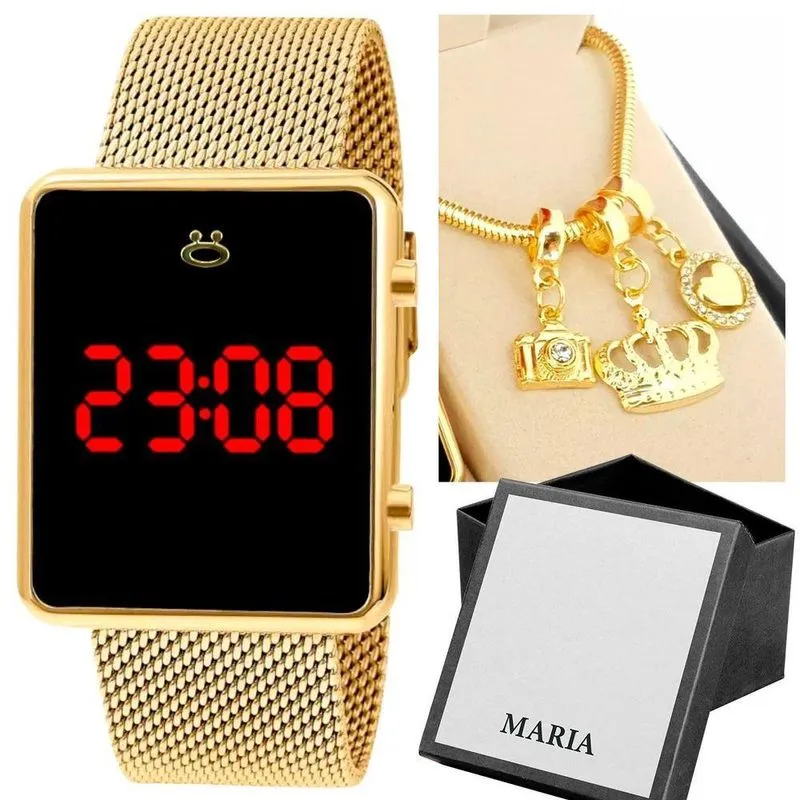 Relogio Digital Feminino Banhado + Caixa + Pulseira Aço Inox Casual Qualidade Premium Social