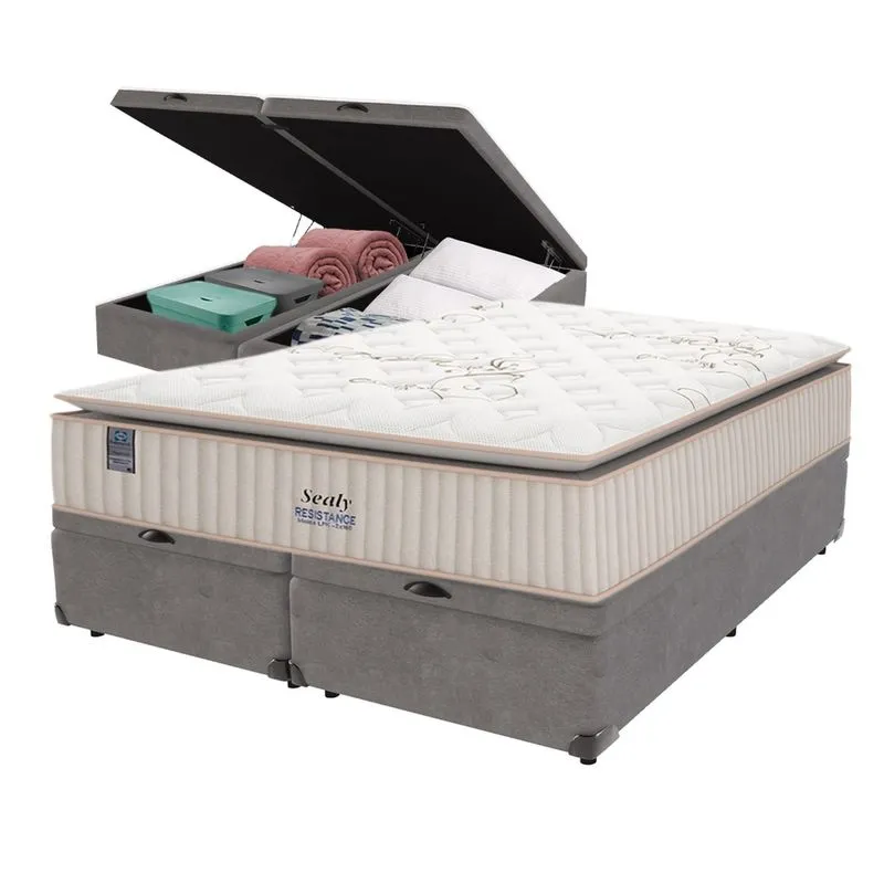 Cama Box Baú Cinza e Colchão King Resistance Molas lfk Sealy