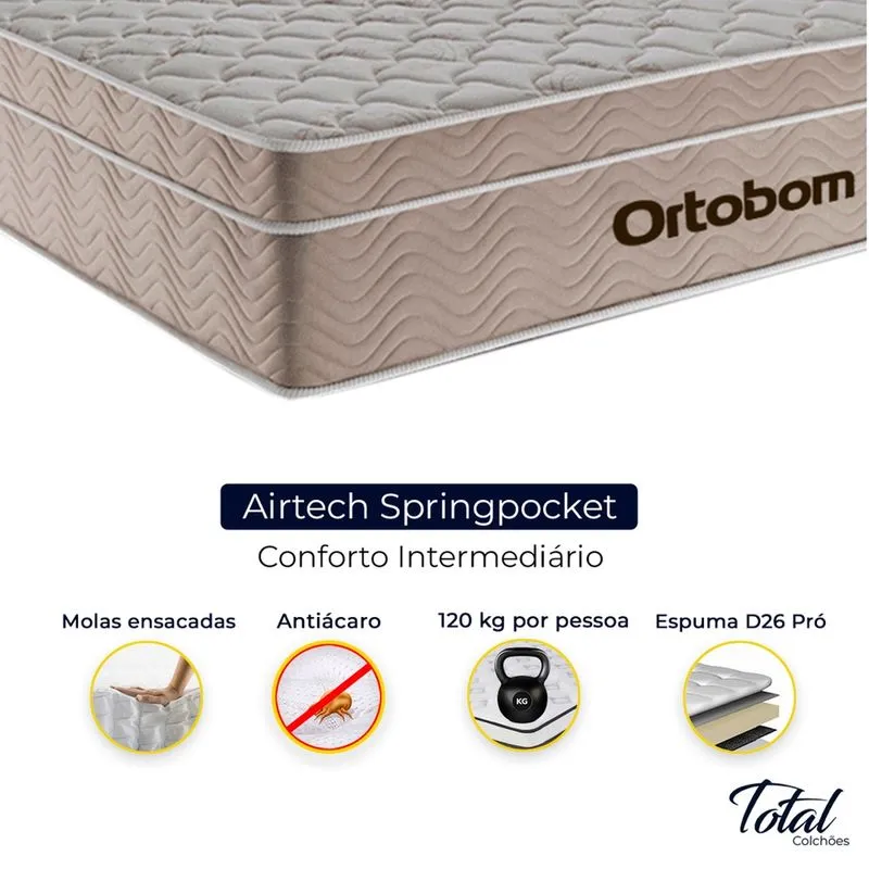 Cama Box Bipartido Casal Branco e Colchão Airtech Springpocket Molas Ensacadas Ortobom
