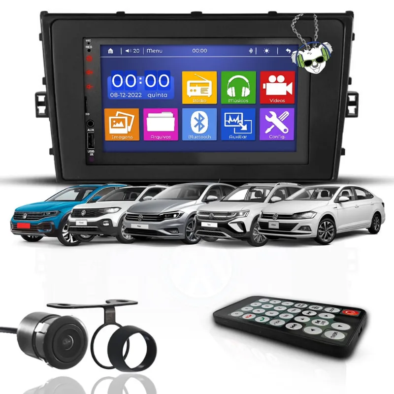 Kit Central Multimídia Universal Espelhamento Usb Mp5 2 Din Bluetooth Câmera de Ré Vw Volkswagen Nivus Polo Taos T-Cross Virtus Moldura Preta