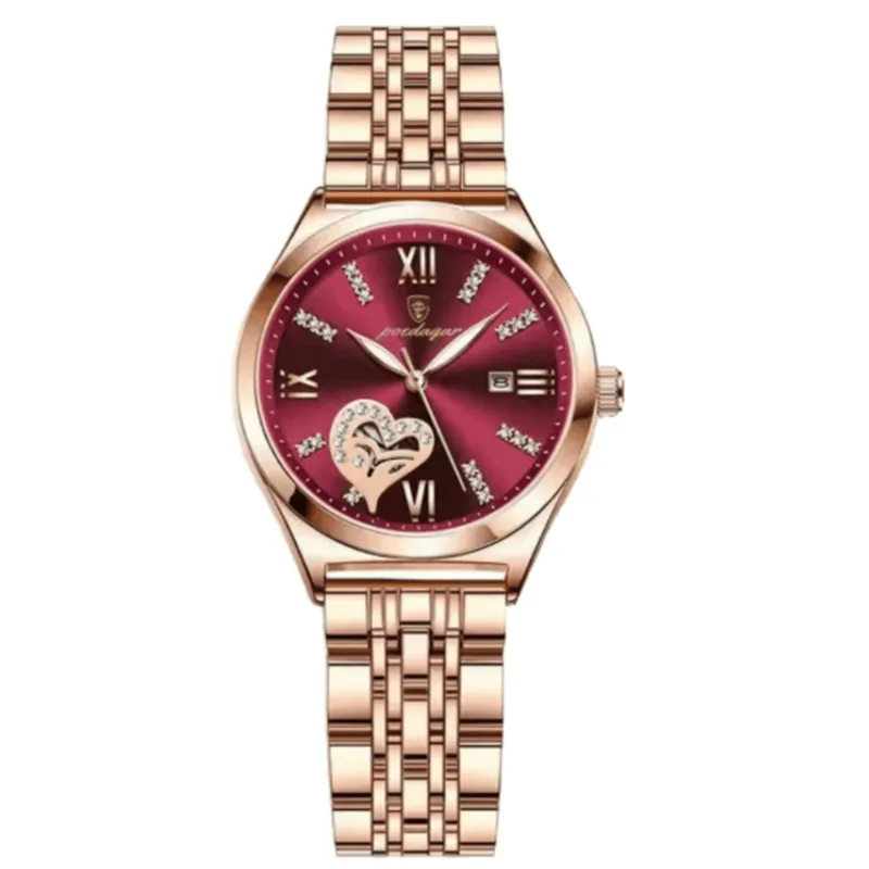 Poedagar Luxo Prova De Água Vermelho Rose Gold Zircônia Aço