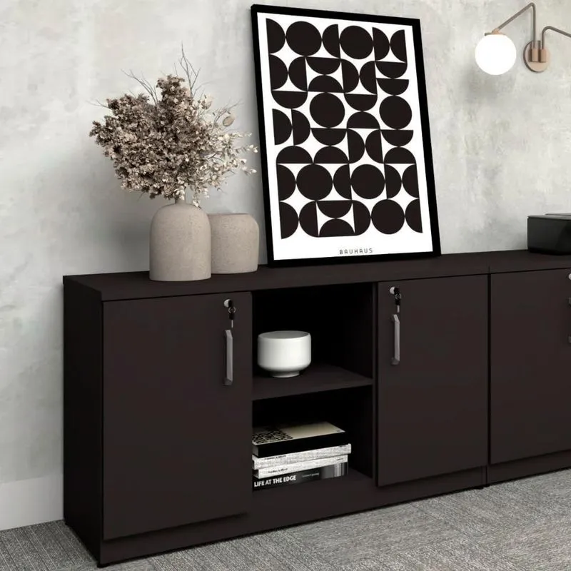 Armário Baixo Para Escritório Linha De Alto Padrão 2 Portas 3 Prateleiras MDP 120cm Preto
