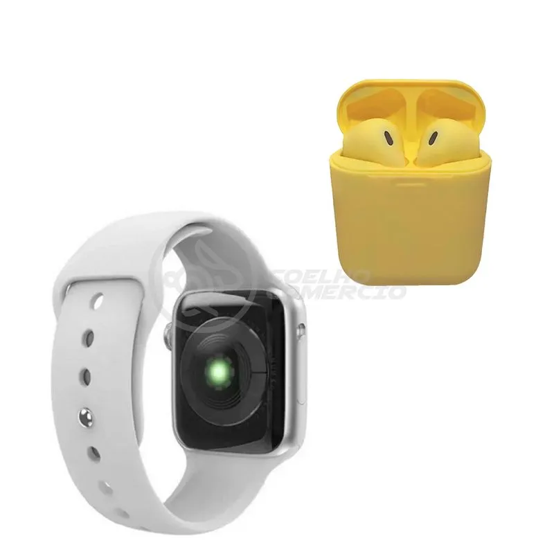 Kit Smartwatch Relógio Esportivo W34 Branco + Inpods 12 Amarelo Sem Fio Presente Dia Dos Namorados