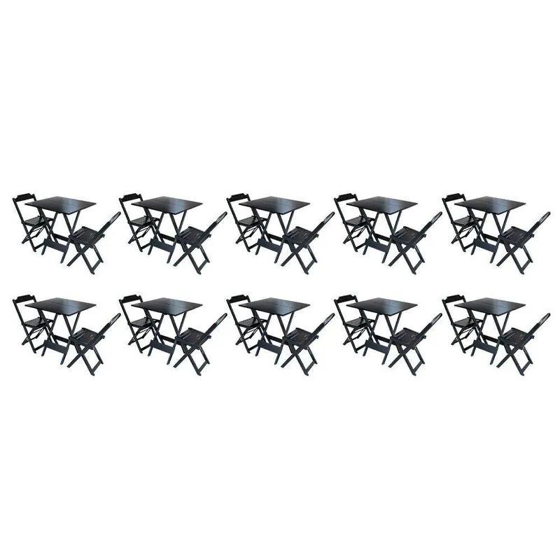 Kit 10 Jogos De Mesa Dobravel Com 2 Cadeiras De Madeira 70x70 Ideal Para Bar E Restaurante - Preto