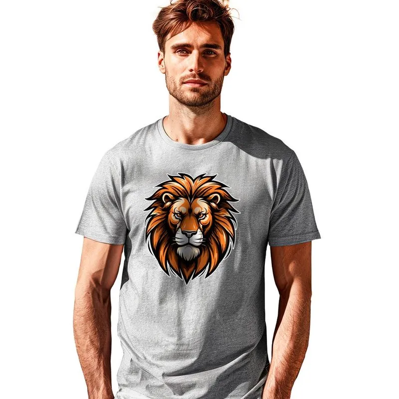 Camiseta Estampada Leão 100% Algodão Gola U Cinza