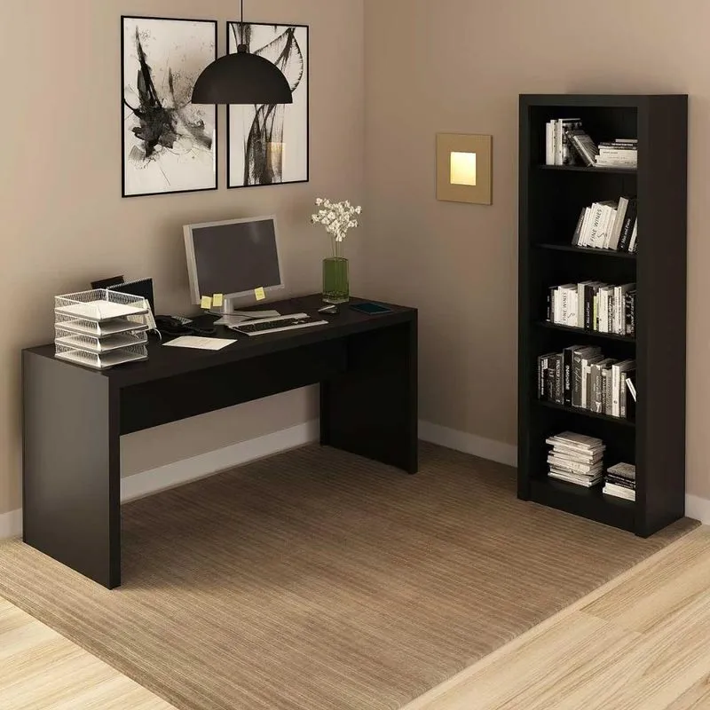 Kit Escritório Com Mesa E Estante 5 Nichos Mdp 163cm Preto