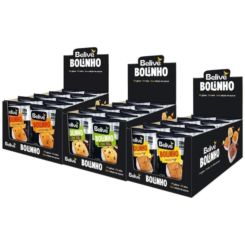 Kit Com 30und Bolinho Belive Banana / Coco / Laranja 40g