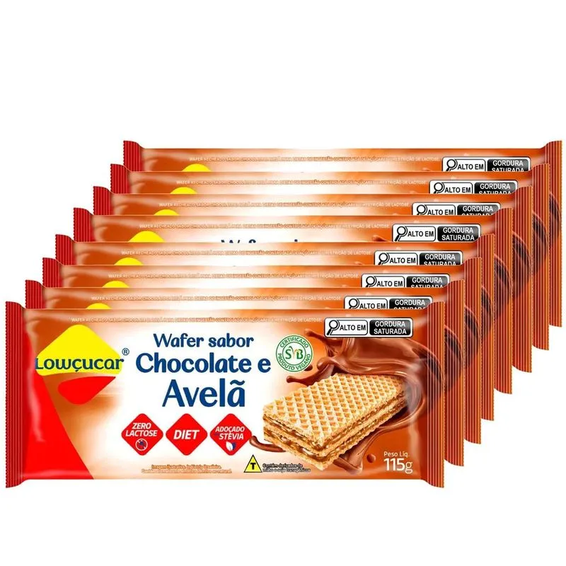 Kit 8un Wafer Chocolate E Avelã Zero Açúcar Lowçúcar 115g